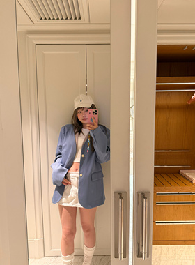 wann现货 富家儿蓝色拼色宽松v领西装外套