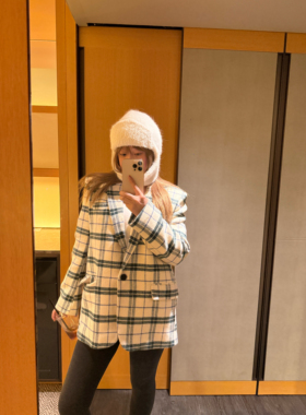 特价秒杀 wann 通勤绿色格纹羊毛西装外套