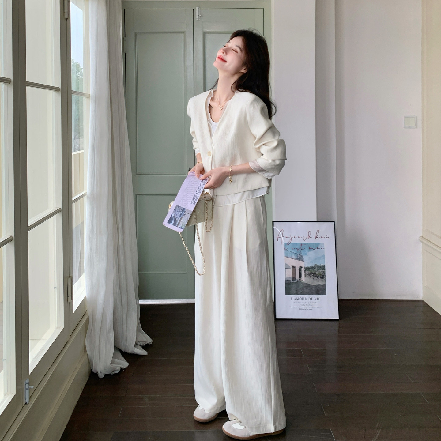 新款现货！ZB168-H625米白拼接衣裤套装P165控268，女装套装/套裙，浙宝168