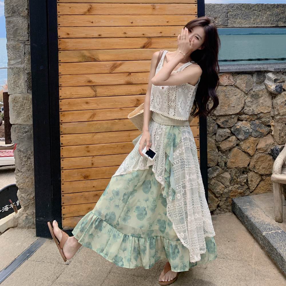 氛围感森系镂空吊带碎花半身裙套装女夏季超火减龄独特漂亮三件套，商品下架区商品下架区，浙宝168