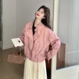 新款现货！ZB168-H605粉色格子拼接韩版皮衣P160控258，女装皮衣，浙宝168