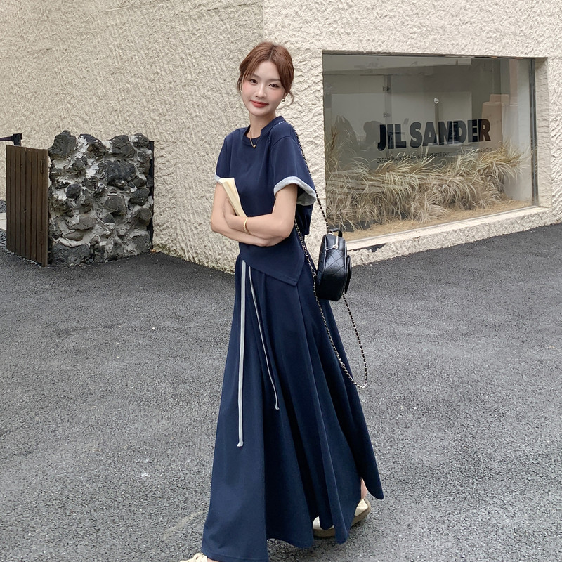 藏青色休闲套装裙女夏季2025新款超火不规则短袖T恤半身裙两件套,女装套装/套裙,浙宝168