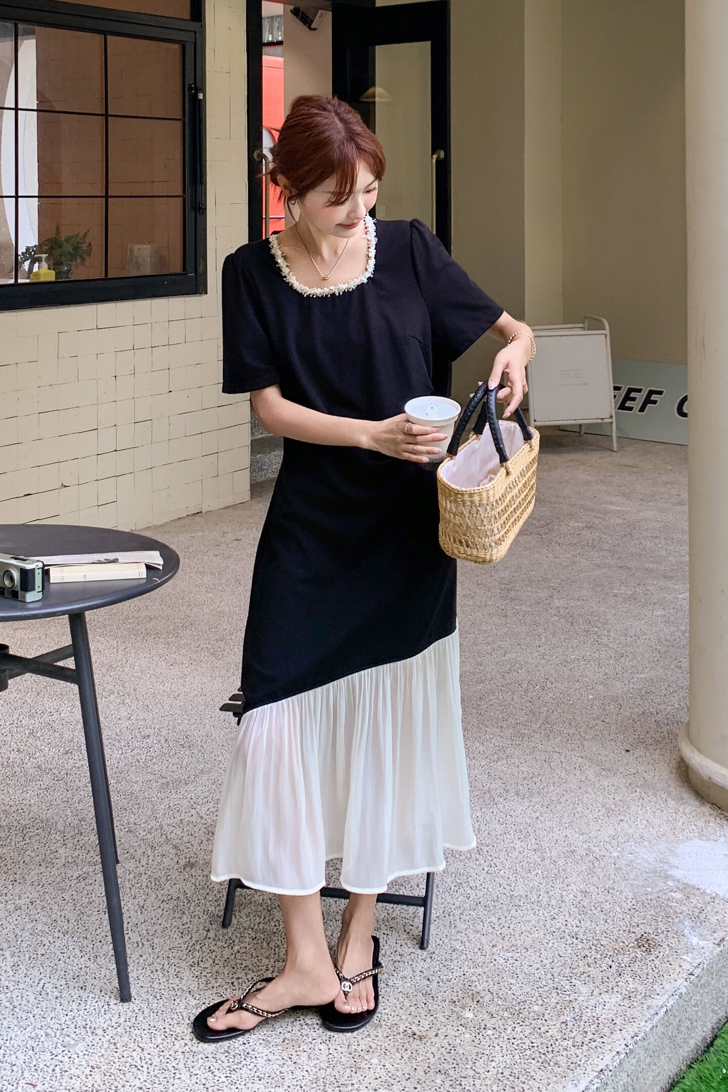 设计感轻熟风网纱拼接宽松t恤长裙女夏季新款休闲显瘦黑色连衣裙,女装连衣裙,浙宝168