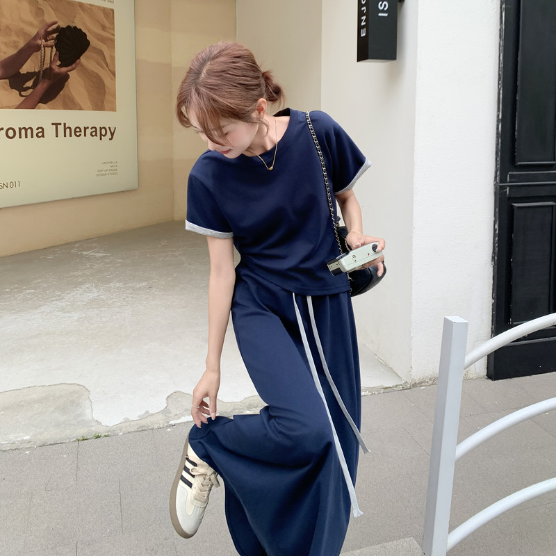 藏青色休闲套装裙女夏季2025新款超火不规则短袖T恤半身裙两件套,女装套装/套裙,浙宝168
