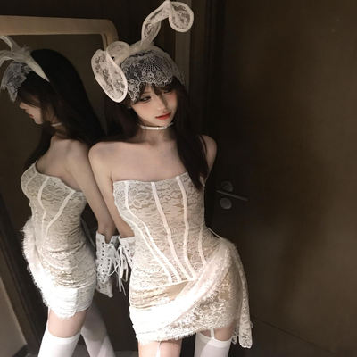 性感衣服抹胸连衣裙纯欲包臀裙兔耳朵兔子蕾丝眼罩发箍手套白丝袜