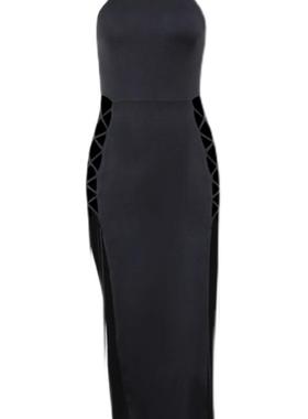 Y2K欧美性感辣妹风镂空侧开叉绑带连衣裙废土风修身显瘦黑色长裙