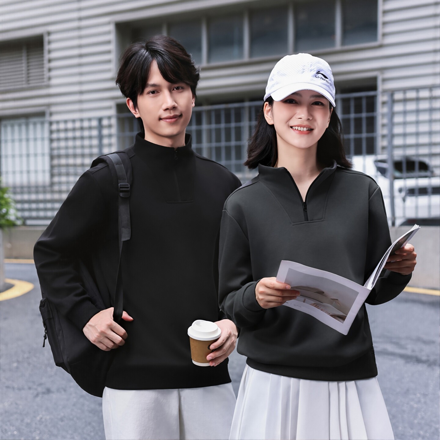 秋冬半拉链卫衣立领加厚保暖绒男女宽松高级情侣长袖美式休闲卫衣