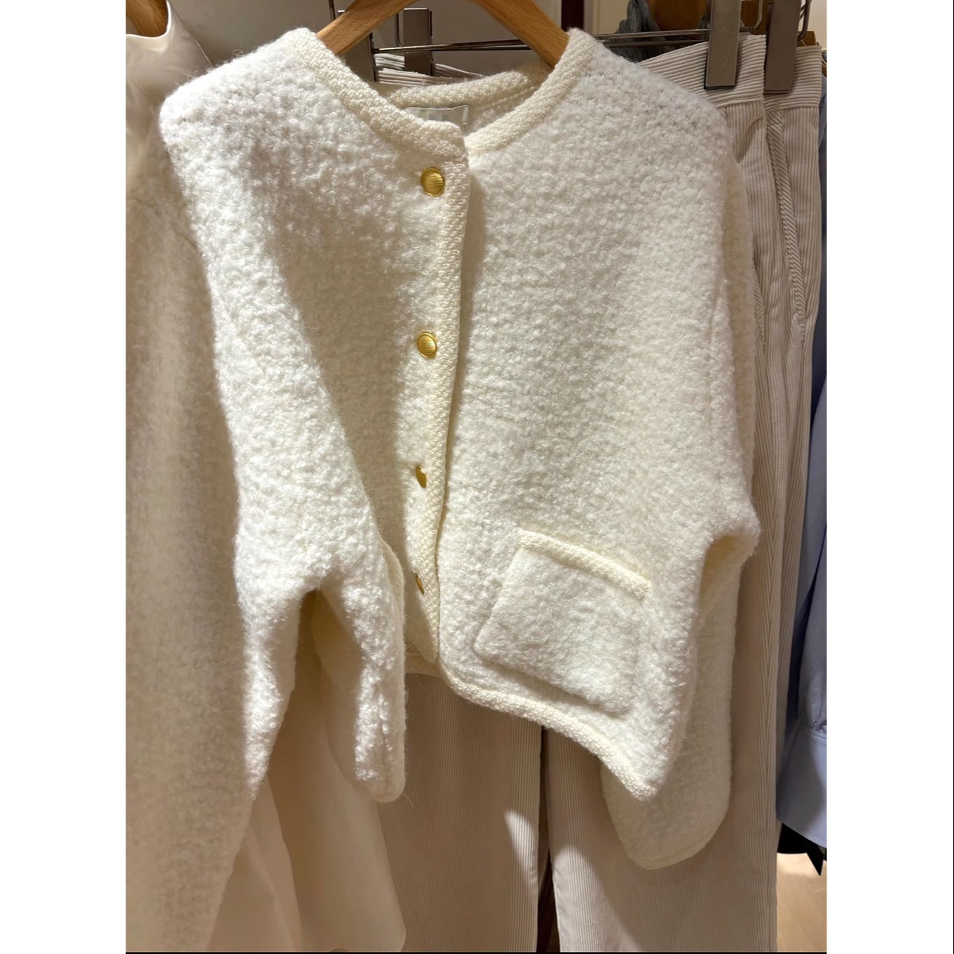 厚羊毛条纹丝缎锁边优雅外套