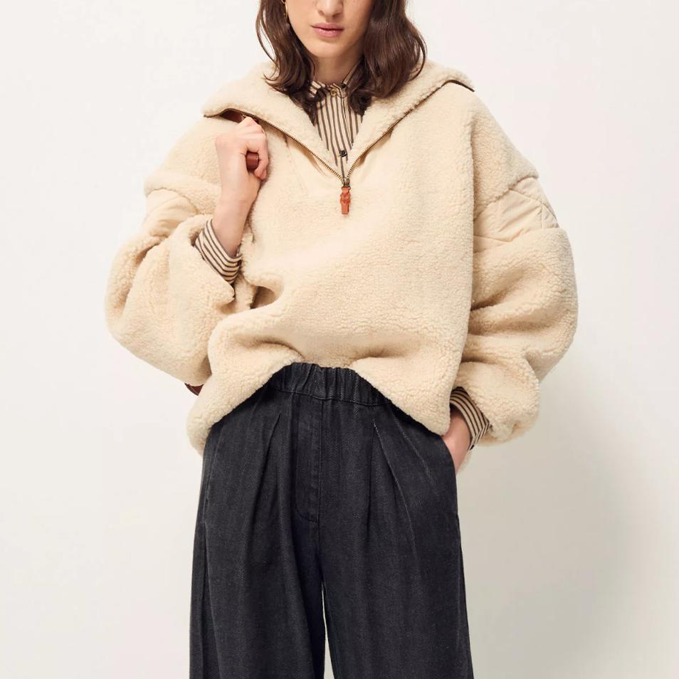 立领编织皮革配绗缝拉链温暖绒衫