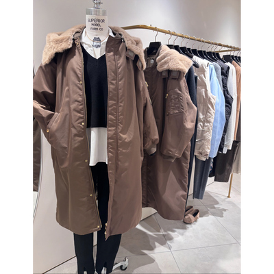 c0nte温暖可翻立大毛领防水棉服