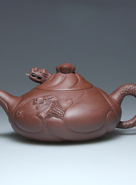 名家紫砂壶宜兴吴海良纯原矿底槽青手工茶具300CC鱼化龙壶泡茶壶