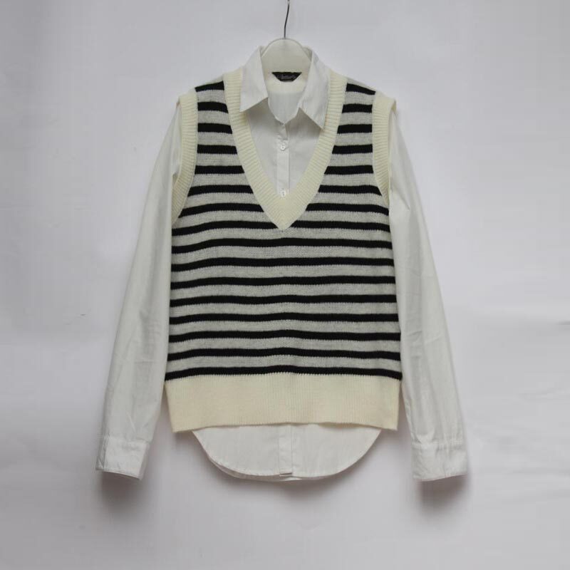 黑白条纹宽松V领小坎肩无袖春秋款慵懒风针织马甲背心女外穿上衣