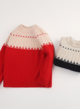 儿童纯羊绒衫女童红色毛衣男童半高领加厚2024冬新款羊绒洪叶云台