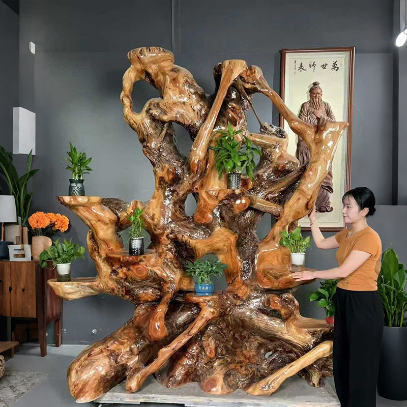 实木根雕花架落地式多层天然造型家用客厅阳台装饰置物架