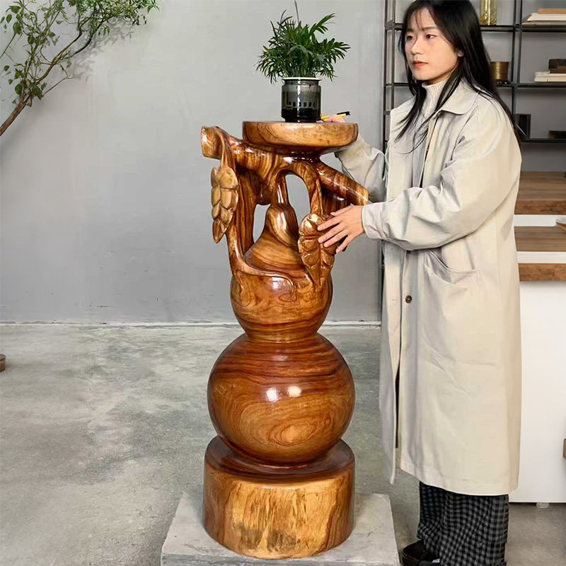 实木根雕花架落地式圆形葫芦摆件客厅装饰置物架中式古典工艺品