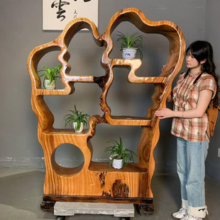 禅意置物架书架展示柜 茶室博古架摆件原生态家具实木香樟木新中式