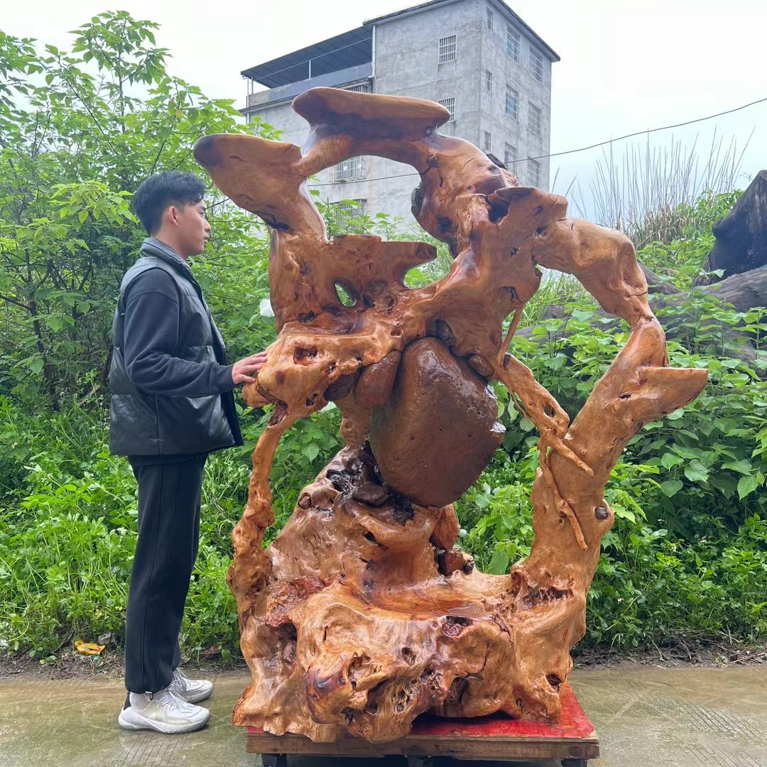 香樟木整体雕刻抱石原木大花架