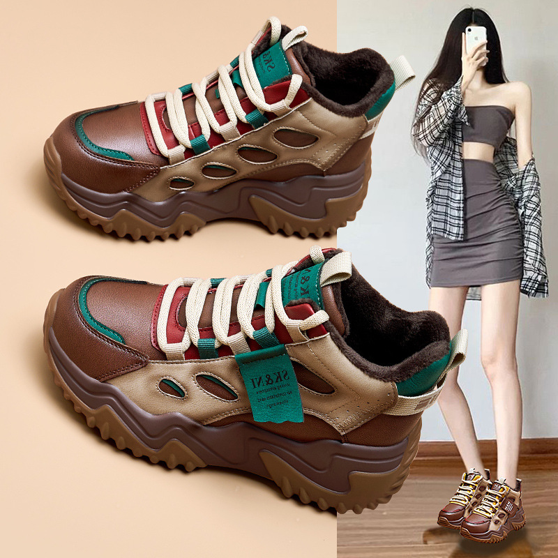 7厘米厚底增高老爹鞋2025秋冬新款真皮休闲运动百搭复古加绒女鞋