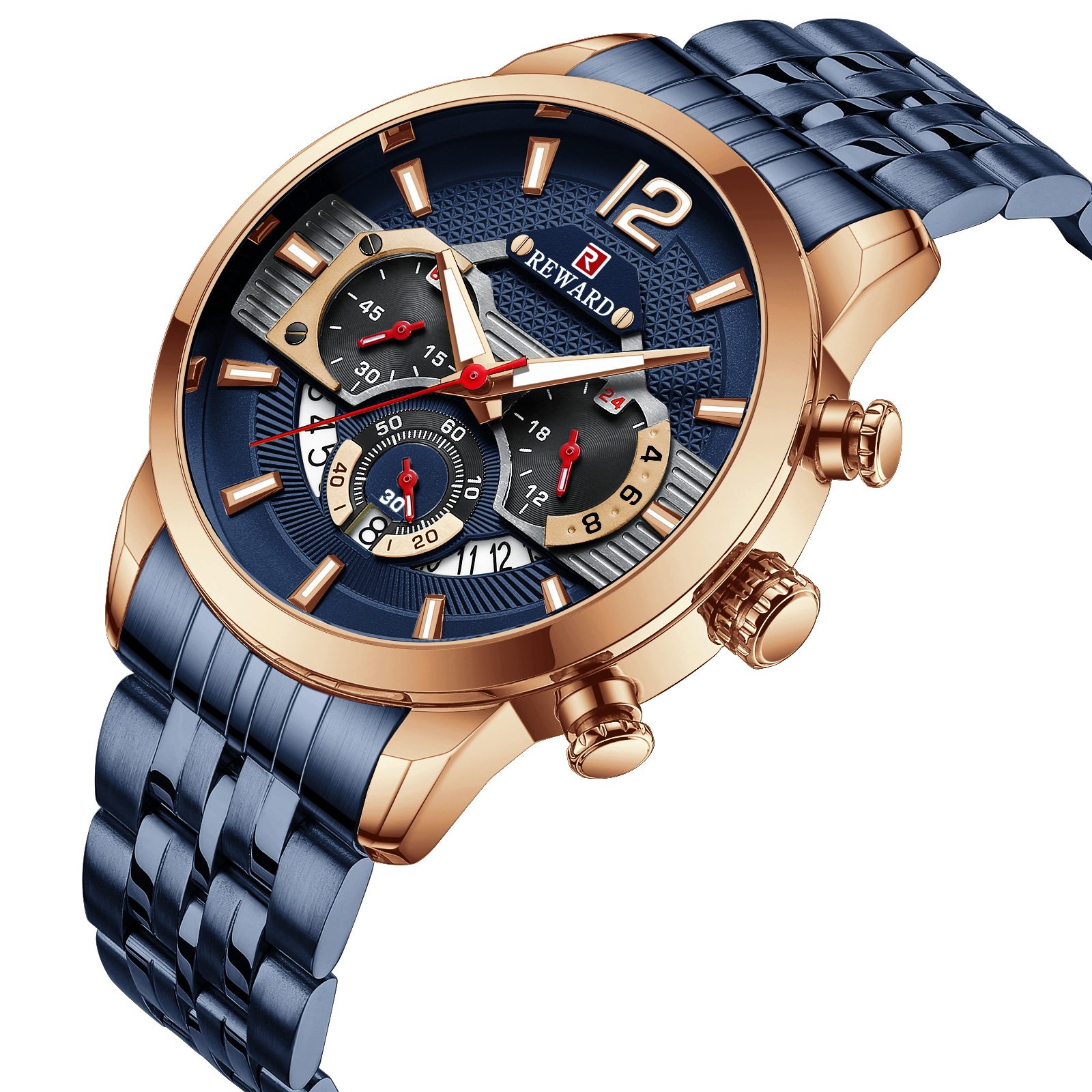 reward男士商务运动手表防水夜光英伦风钢带腕表男多功能计时日历