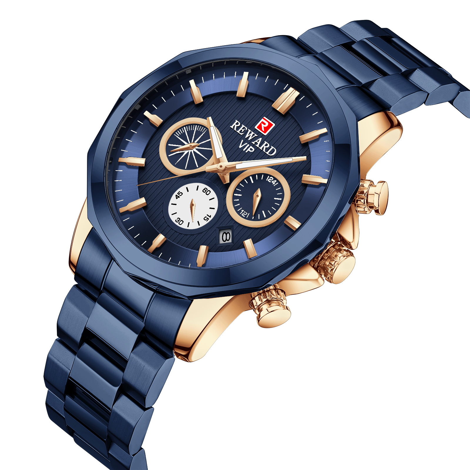 reward精钢多功能男表英伦风潮手表防水夜光石英表带日历男士腕表