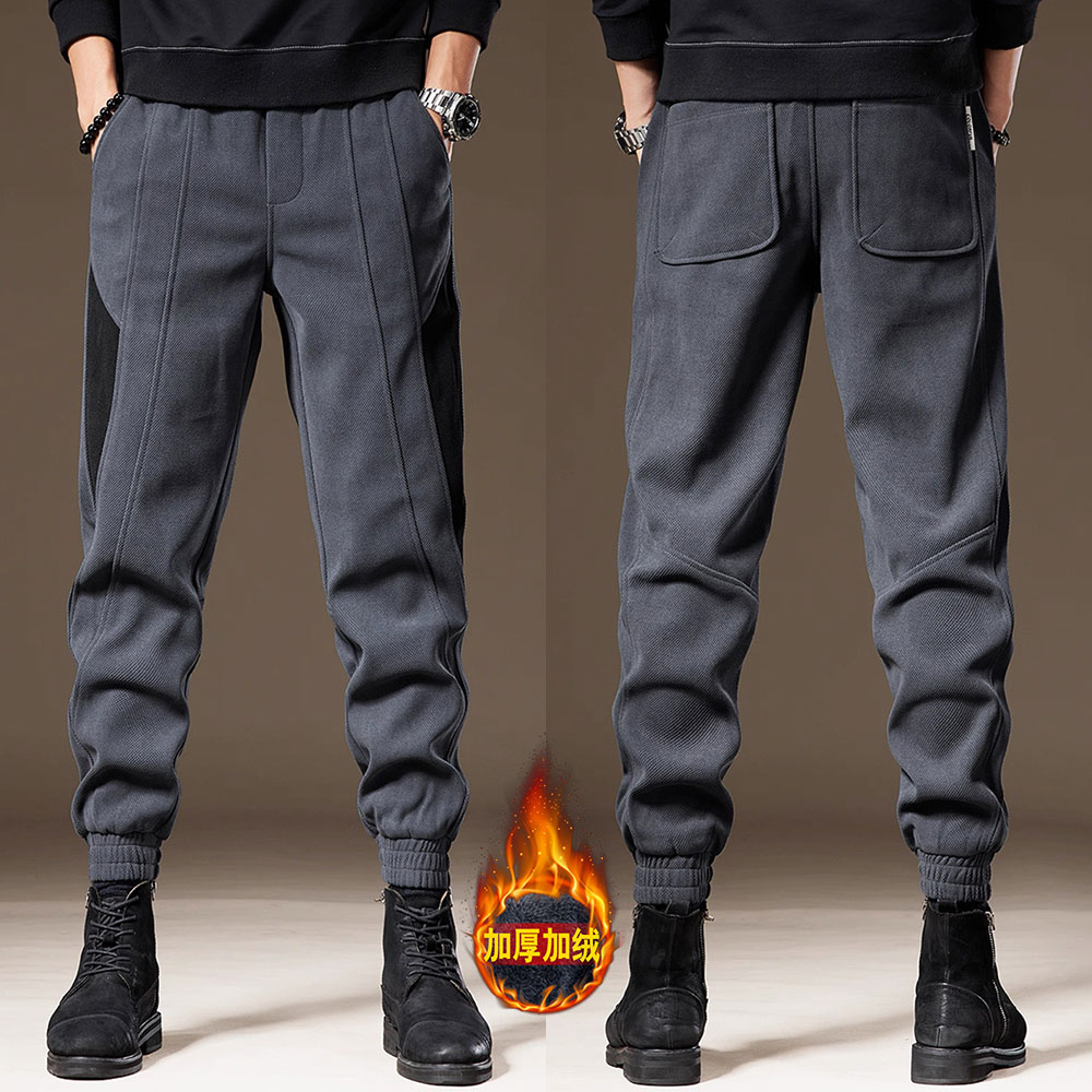 加绒加厚裤子男冬季新款高端拼接工装裤灯芯绒卫裤美式束脚休闲裤