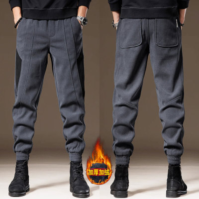 加绒加厚裤子男冬季新款高端拼接工装裤灯芯绒卫裤美式束脚休闲裤