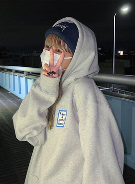 现货 HAVE A GOOD TIME 小蓝标印花连帽卫衣宽松流行加绒套头帽衫