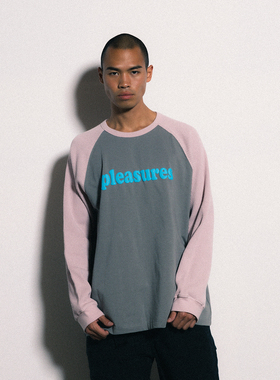 PLEASURES华夫格拼色发泡印花LOGO插肩袖灰粉宽松圆领长袖T恤情侣