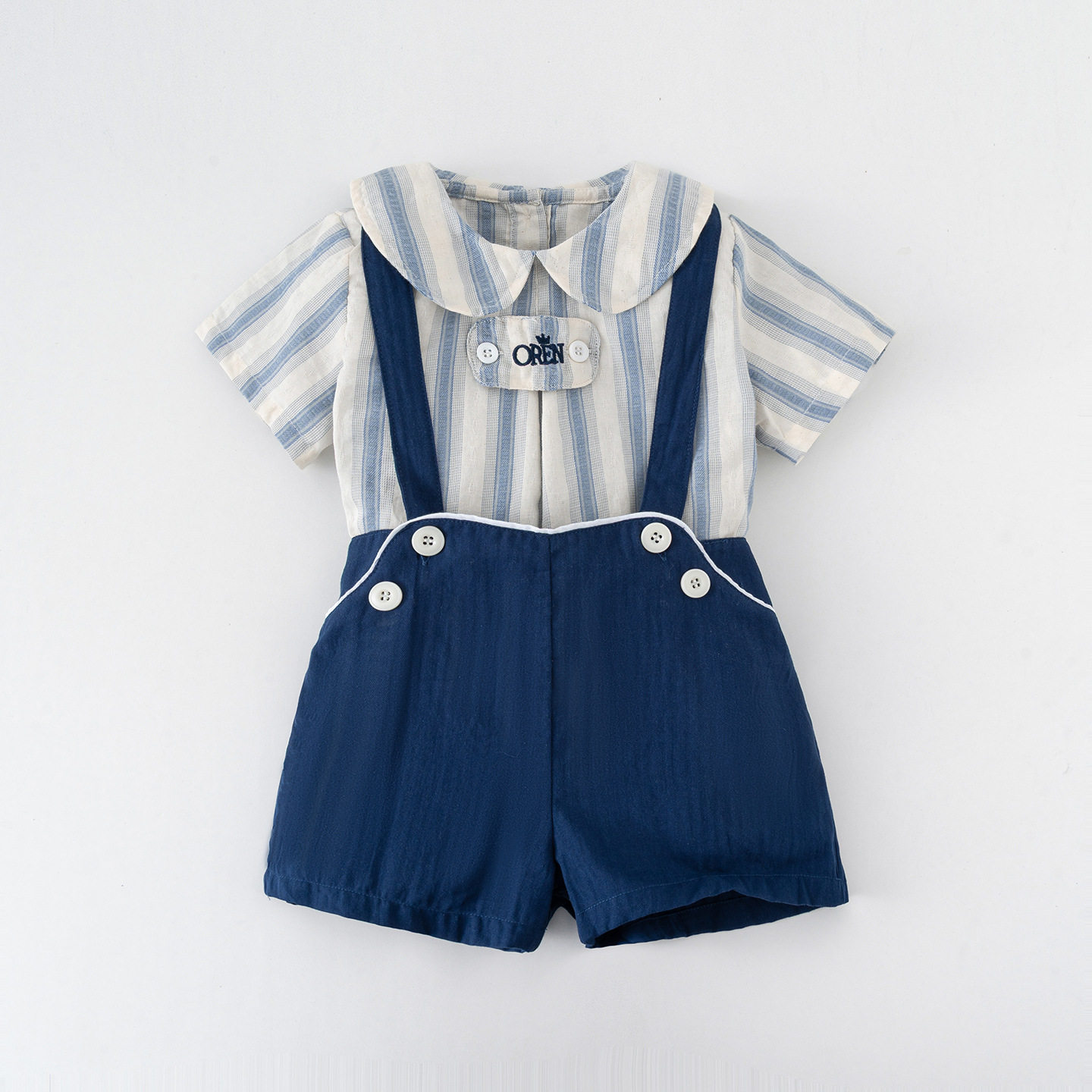 婴儿夏季衬衫衣服满月百生日宴周岁礼服宝宝背带裤男童装短袖套装