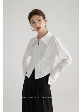 SKY张慧慧自制双开头拉链短款衬衫女2025春夏新品设计感长袖上衣