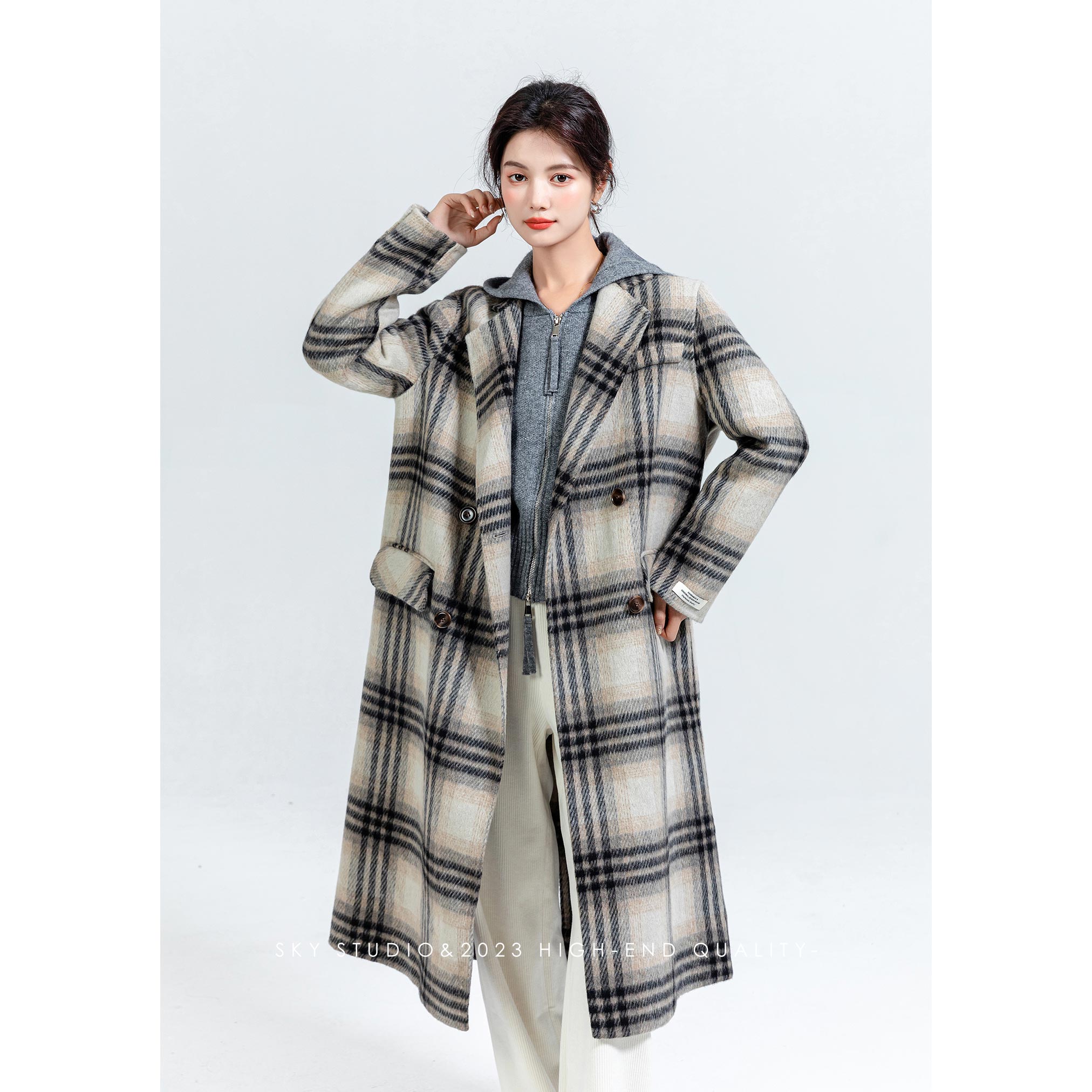 SKY西装领格纹双面呢大衣