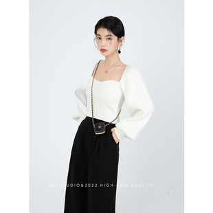 SKY张慧慧自制泡泡袖针织衫2025春秋新款白色方领高级感显瘦毛衣