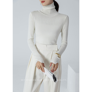 SKY张慧慧自制基础打底衫2025春装新款米白色长袖内搭高领上衣女