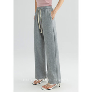 SKY张慧慧2025年春装新款时尚直筒裤子灰色抽绳休闲裤
