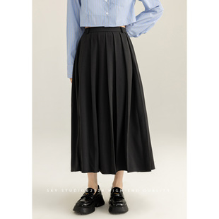 SKY张慧慧自制2025年春装新款垂坠感黑色中高腰A字百褶裙半身裙
