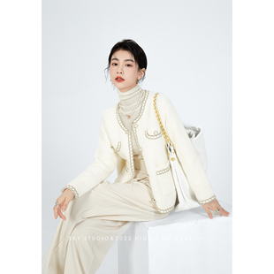 SKY张慧慧自制珍珠小香风外套2025春秋新款法式羊毛混纺宽松外套