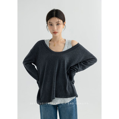 羊毛套头圆领SKY针织露肩两件套