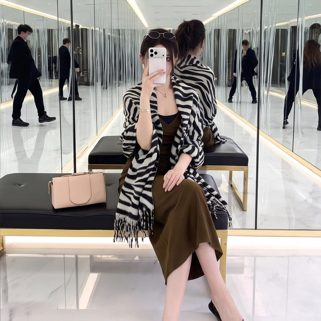 秋冬仿羊绒斑马纹女士围巾