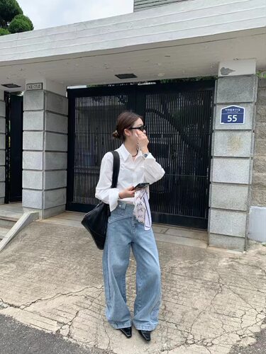 At brunch韩国东大门2025秋季新款时尚高腰显瘦直筒阔腿牛仔裤