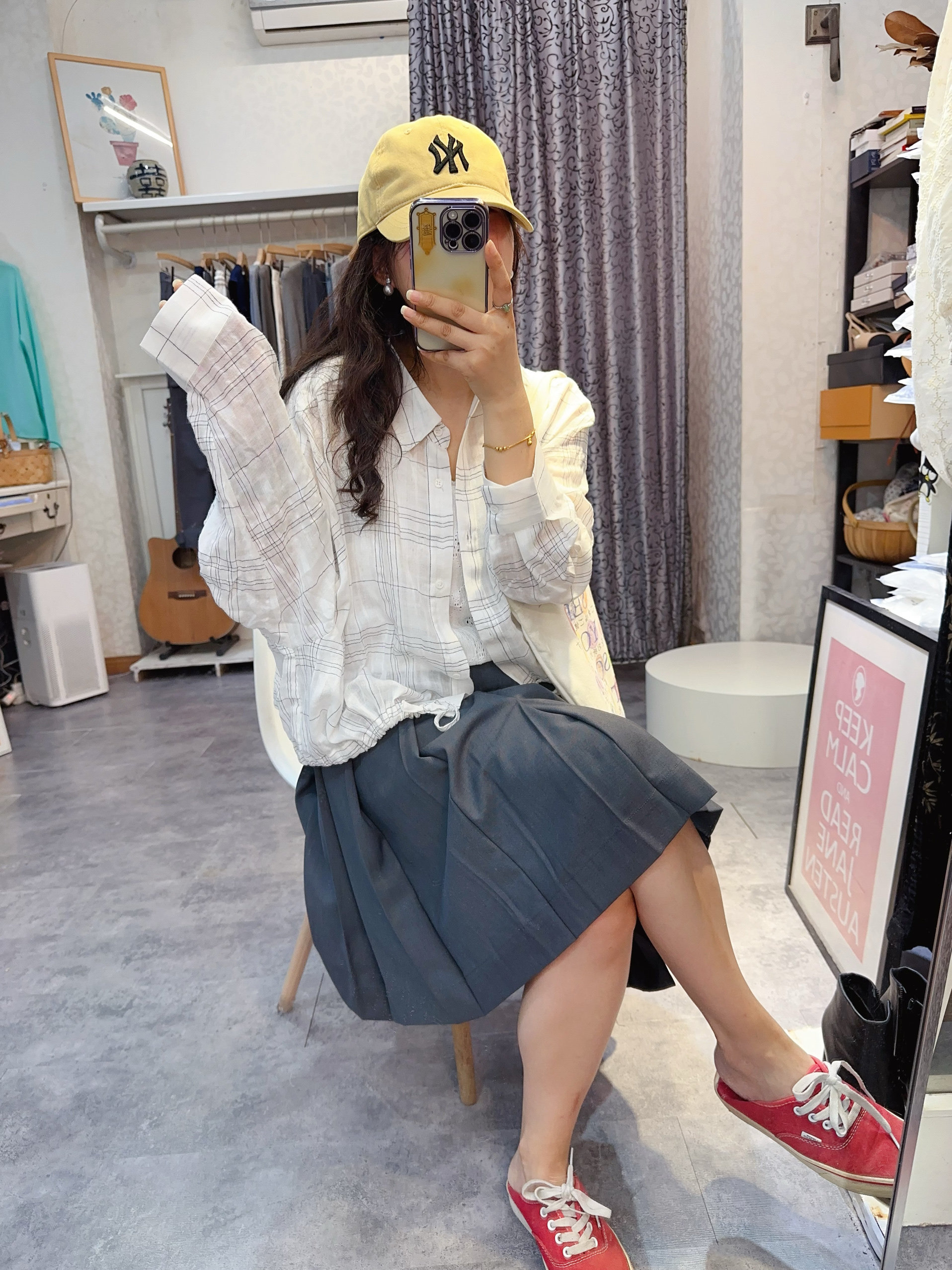 All about you肌理感短款亚麻格子系带衬衫女欧货宽松防晒衣上衣