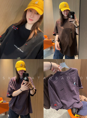 帅酷小logo前后刺绣～水洗粗棉不挑人紫色棕色宽松短袖T恤