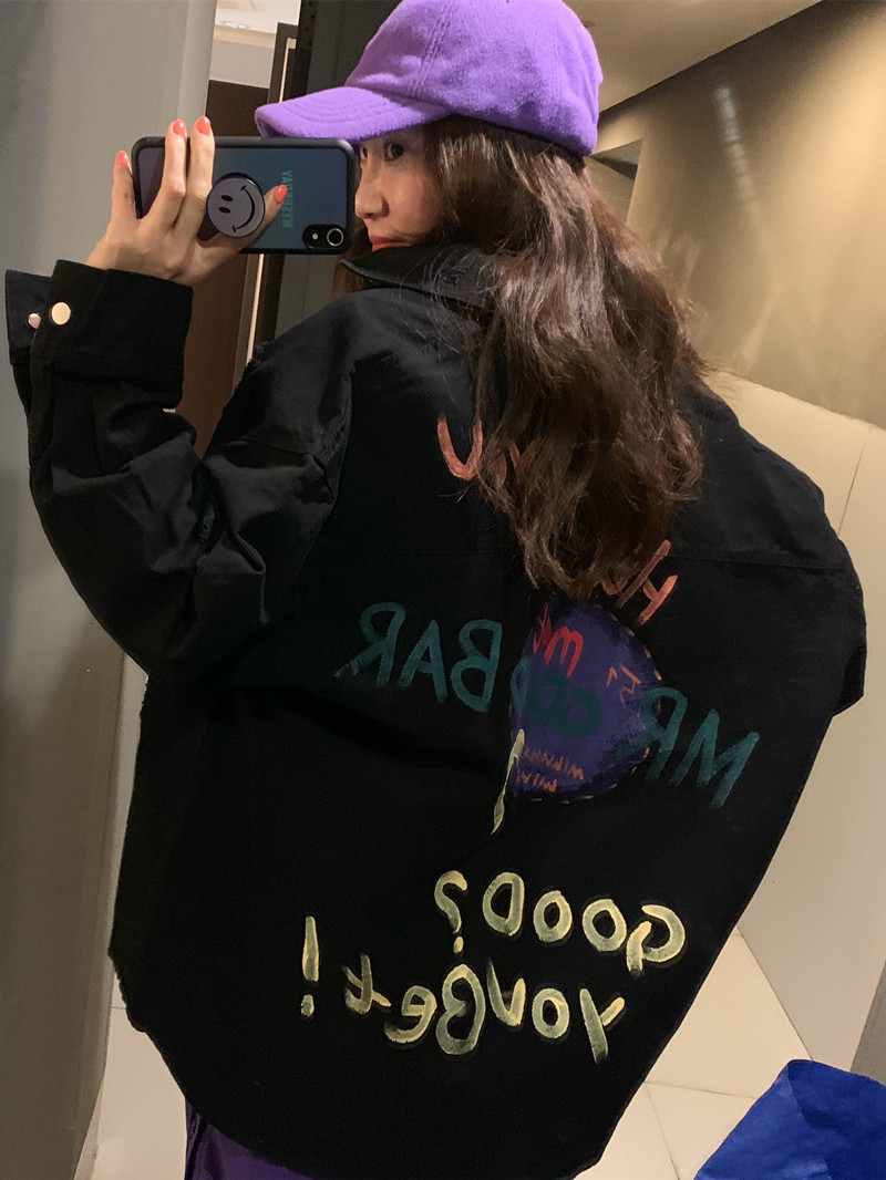 手绘涂鸦黑色牛仔衬衫外套