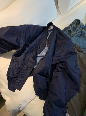 经典好版型！现货2026春秋季显瘦深蓝色宽松飞行员棉服夹克外套