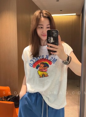 现货2026夏季新款女装显瘦遮手臂竹节棉印花宽松白色背心无袖T恤