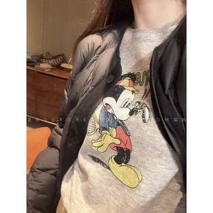 8折彩色怀旧感卡通印花～现货2025春秋冬浅灰色弹力长袖 T恤