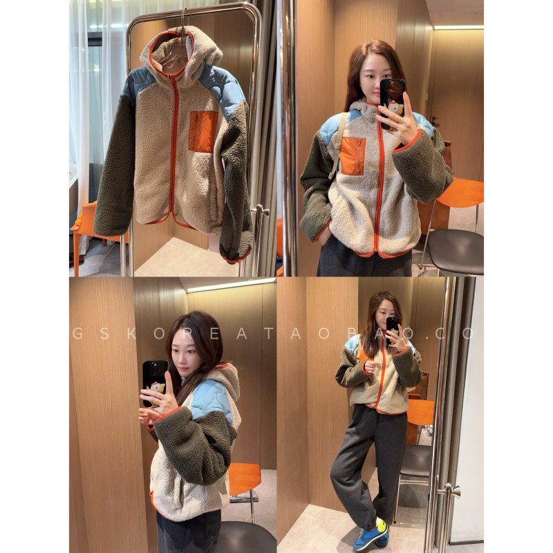 轻便保暖显白复古户外日常敲好看撞色橙蓝显瘦小羊羔连帽外套