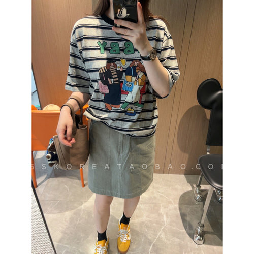 定制特殊混色面料～现货2026夏季女条纹卡通印花宽松短袖短袖T恤
