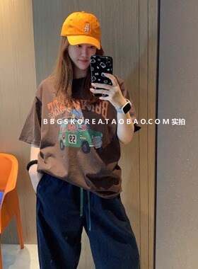 现货2025夏季新款女装小汽车橙色印花卡通棕色宽松短袖T恤