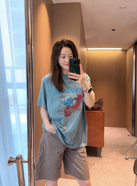 复古水洗炒色做旧～2026小宽松蓝色卡通印花短袖T恤