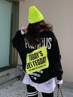 现货韩国2025秋季新款毛圈洋气字母印花宽松荧光黄绿色黑色卫衣